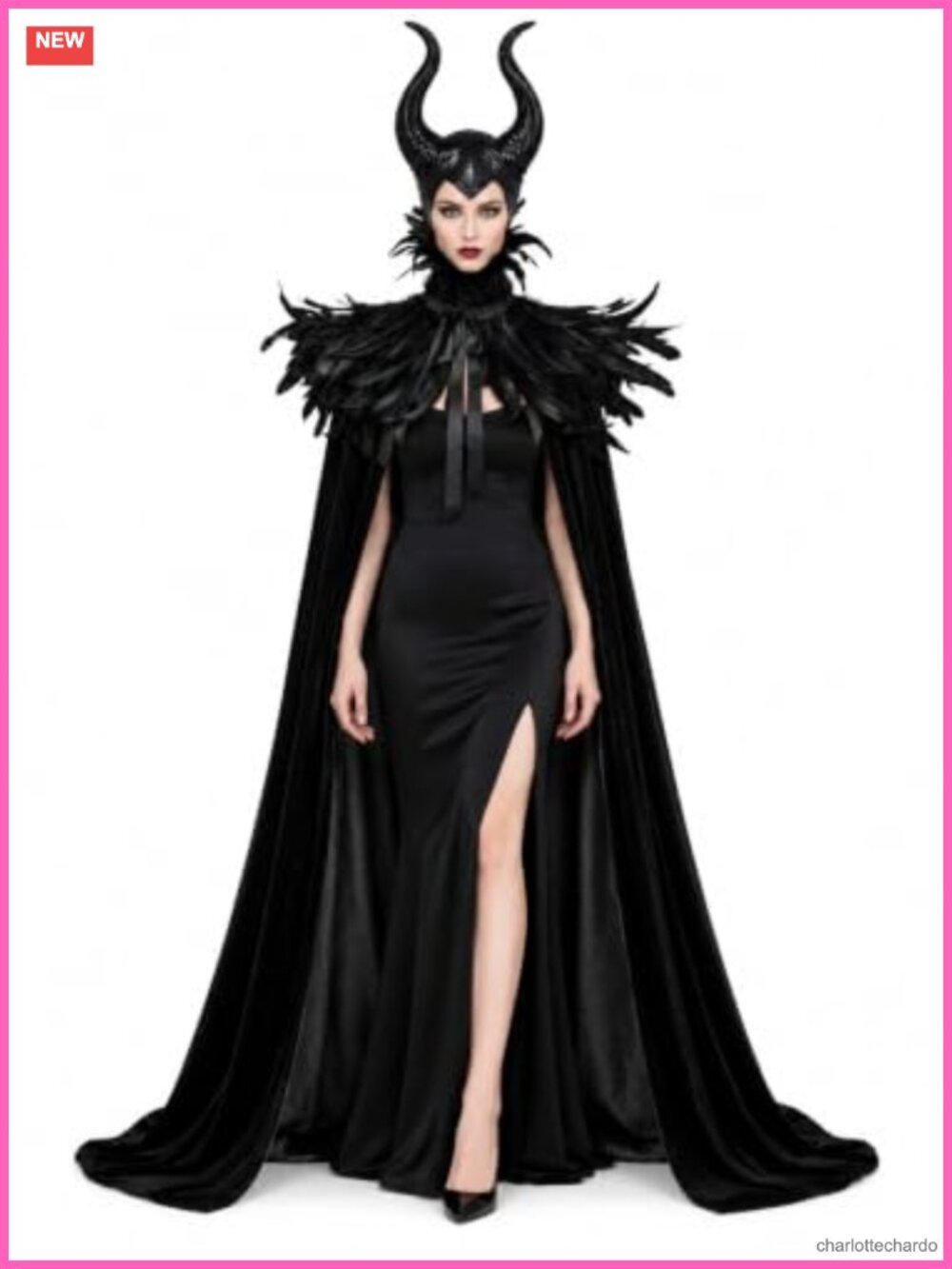 Feather Cape Shawl with Horns Costume Gothic Witch Raven Dark Queen